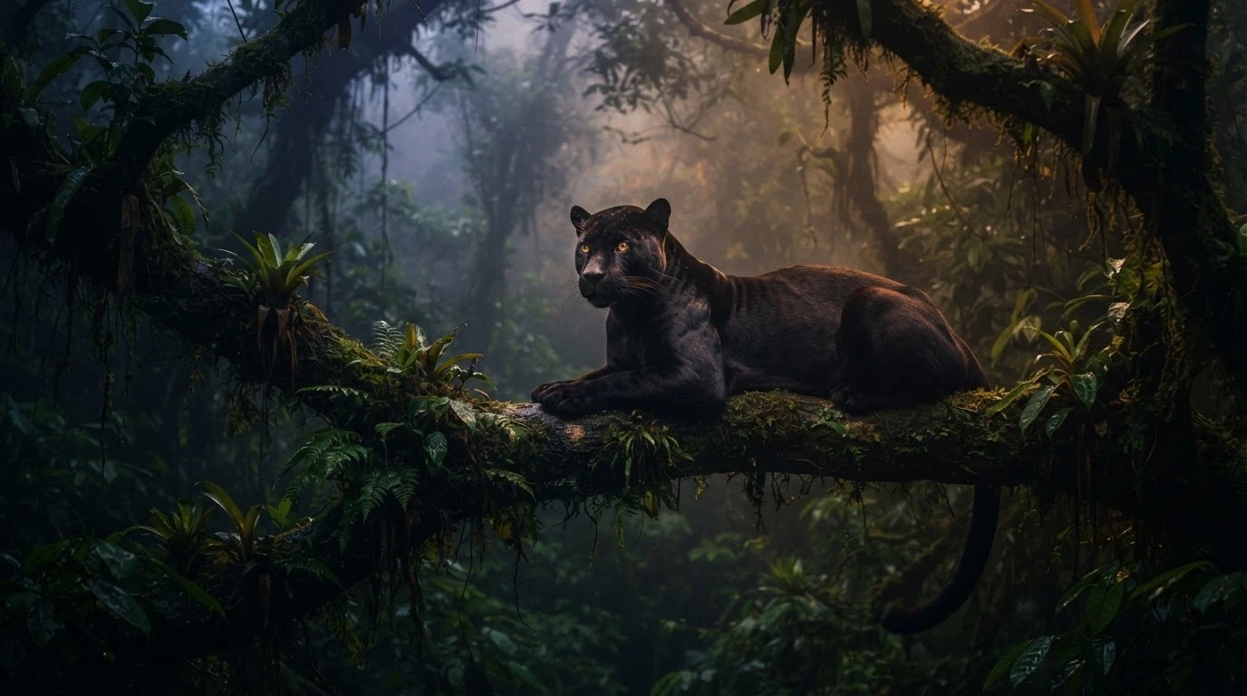 Pantera negra em galho na floresta ao entardecer simboliza o mistério presente nesse sonho.