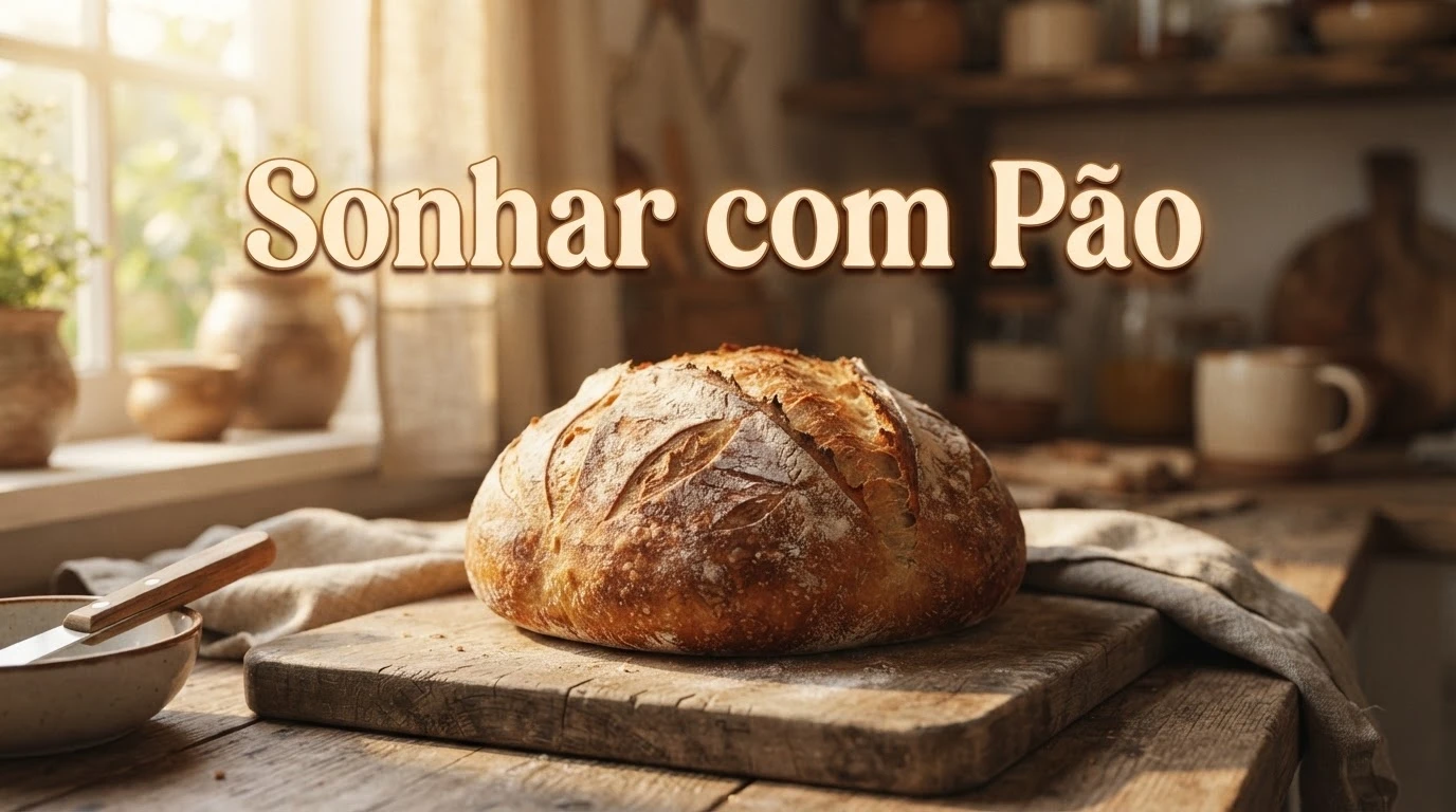 Pão fresco sobre tábua de madeira simboliza a fartura e a prosperidade desse sonho.