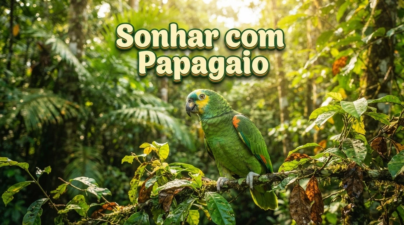 Papagaio verde pousado em galho tropical simboliza a comunicação presente nesse sonho.
