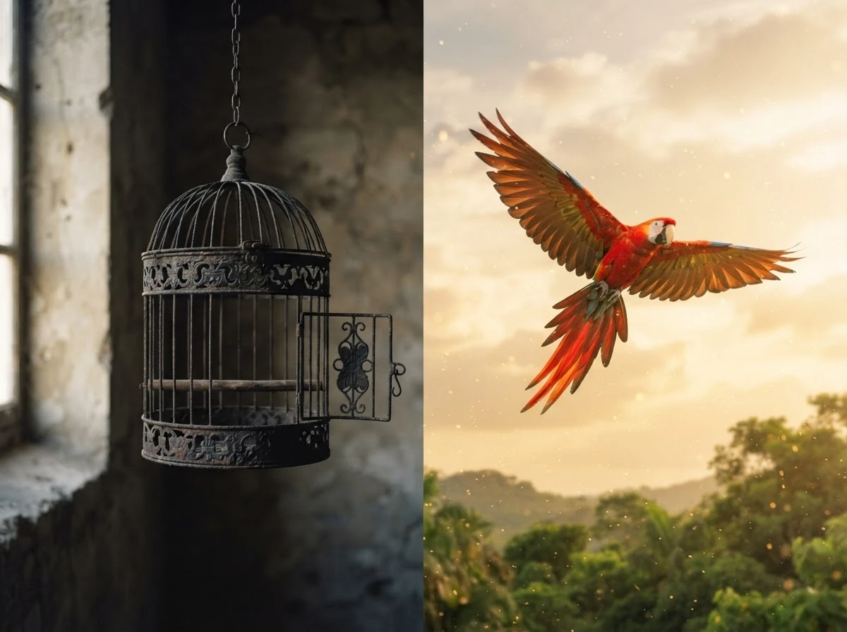 Gaiola vazia e papagaio voando livre representam o contraste entre limitação e liberdade no sonho.