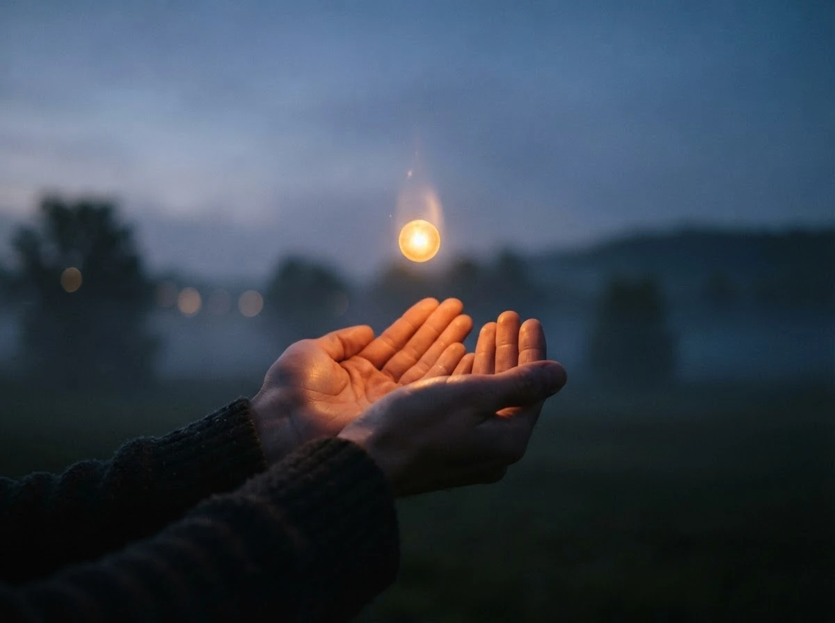 Mãos liberando luz dourada simbolizam esperança e um novo começo na vida