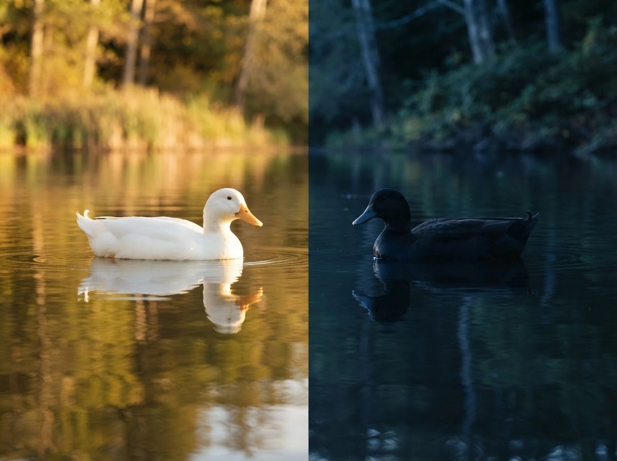 Pato branco e pato preto no lago representam contraste entre aparências e verdades ocultas