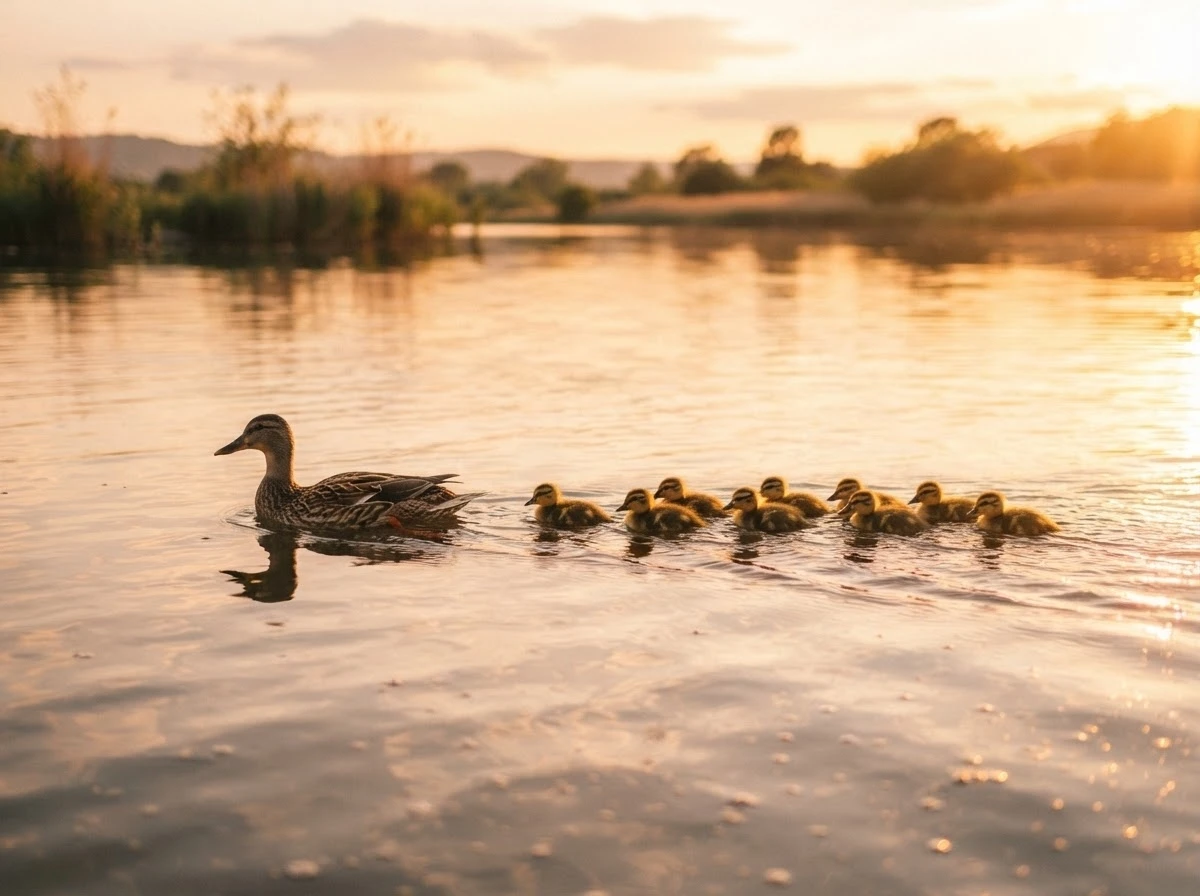 Filhotes de pato seguindo a mãe simbolizam união e novos começos na vida