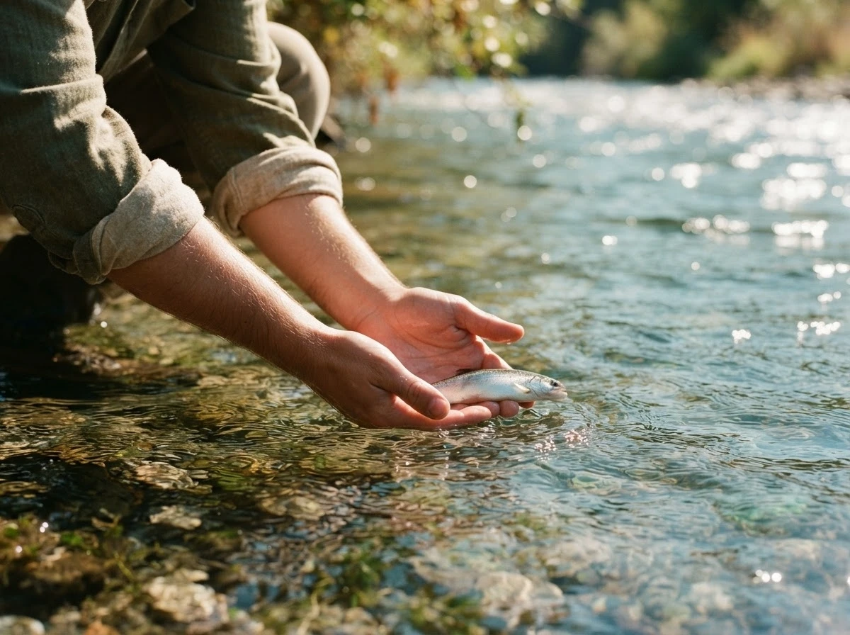 Mãos libertando peixe em água cristalina simbolizam esperança e novos começos