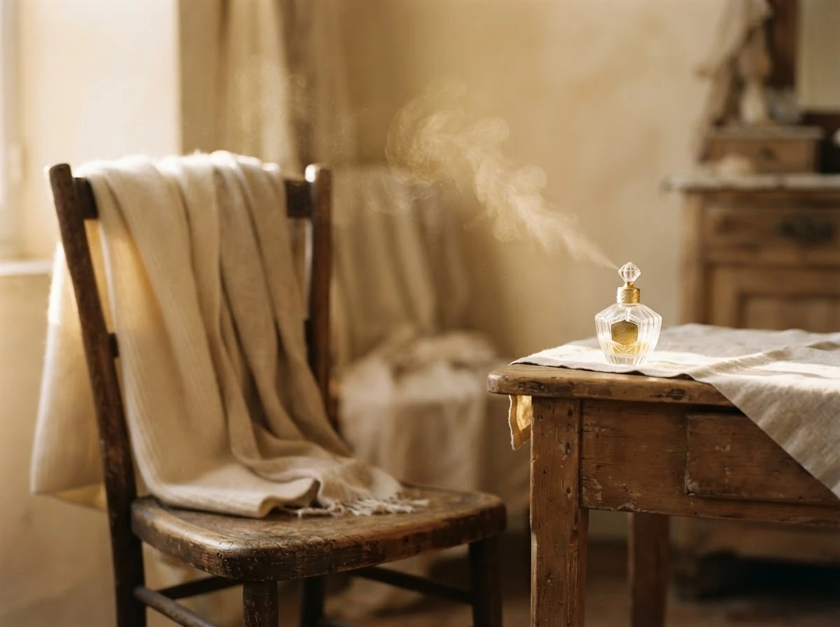 Perfume sobre mesa ao lado de cadeira vazia simboliza saudade e memória afetiva
