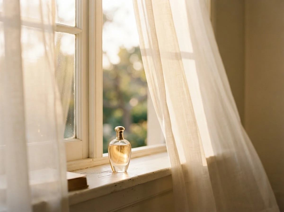 Janela iluminada com frasco de perfume simboliza conforto e novos começos