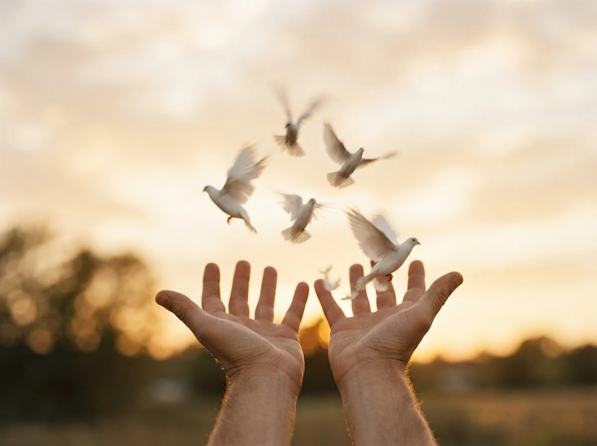 Mãos libertando pássaros ao entardecer simbolizam deixar ir e transformação interior