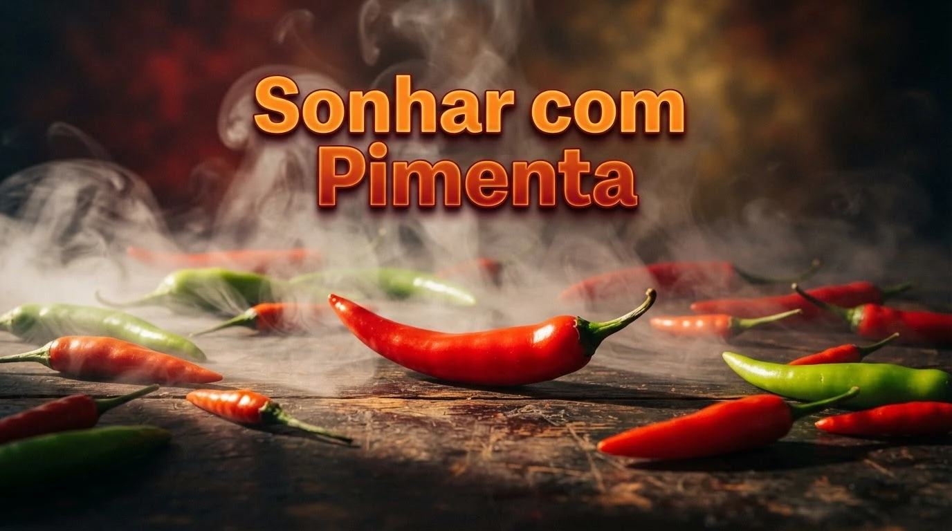 Pimentas vermelhas e verdes brilhantes sobre mesa rústica escura, simbolizando sonhar com pimenta.