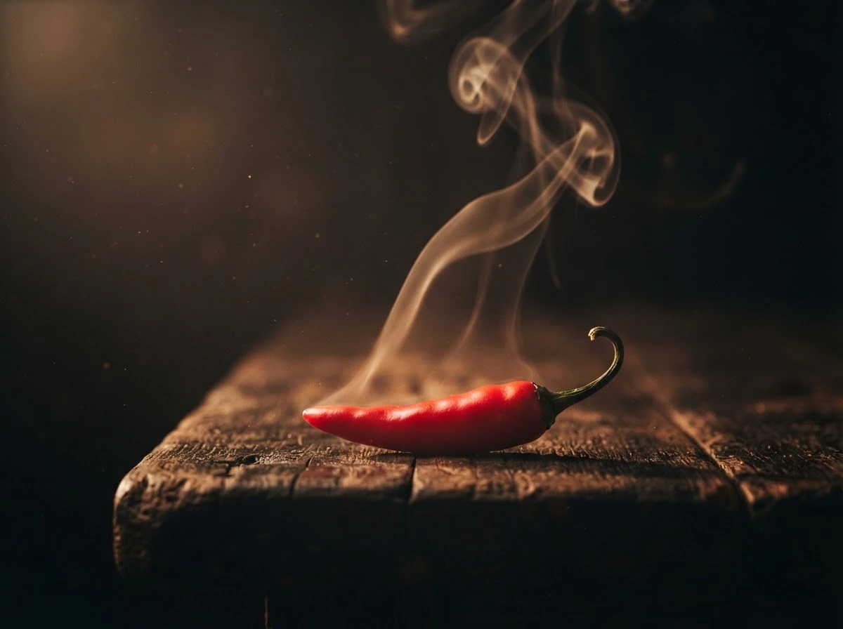 Pimenta vermelha com fumaça subindo, representando a língua ardendo e o alerta sobre fofocas.