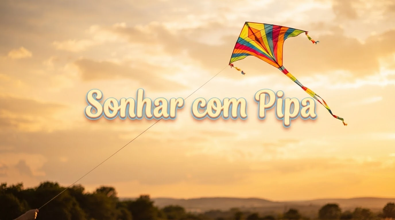 Pipa colorida voando alto no céu dourado ao entardecer, representando o significado de sonhar com pipa.