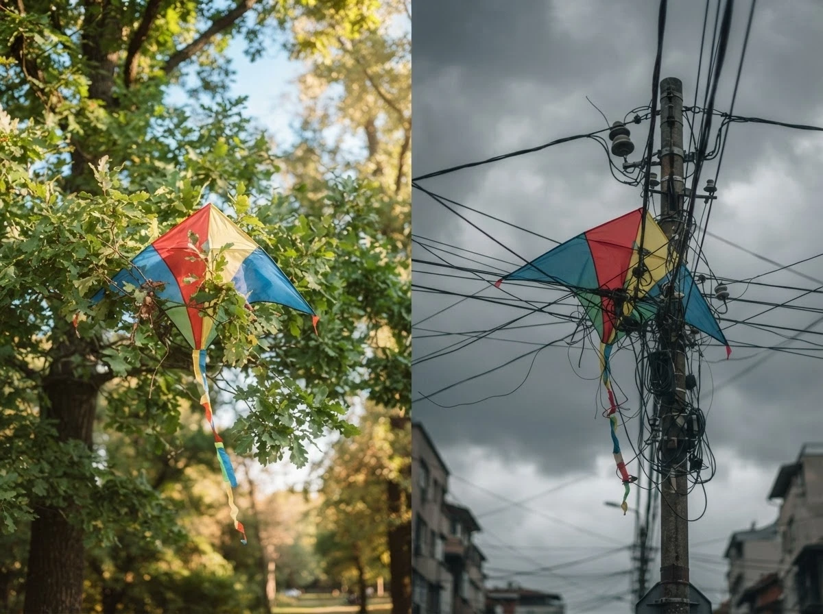 Pipa presa em uma árvore e outra presa na fiação elétrica, simbolizando os obstáculos naturais e os mais arriscados.