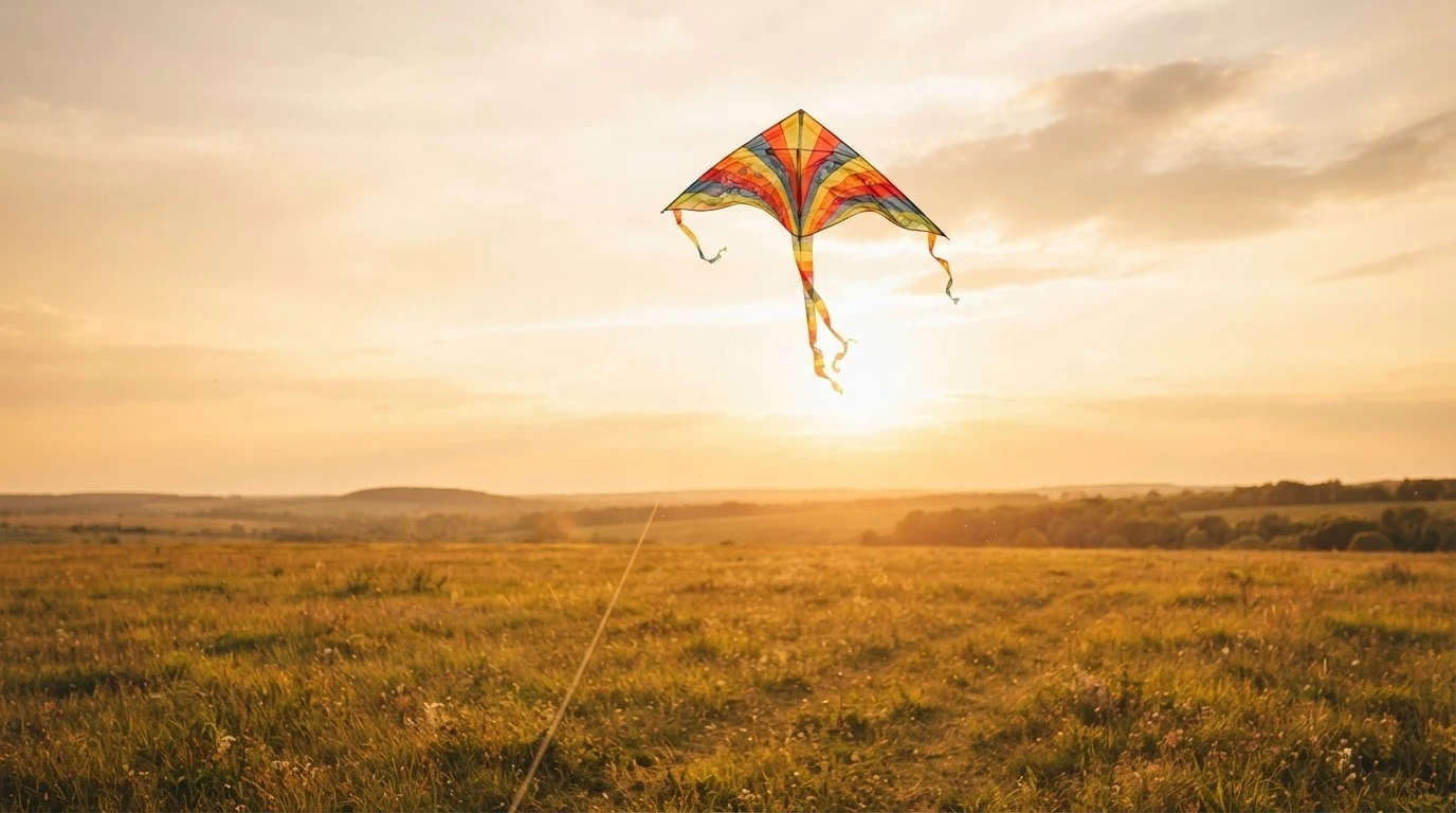 Pipa voando livre sobre um campo aberto ao pôr do sol, simbolizando esperança e novas possibilidades.