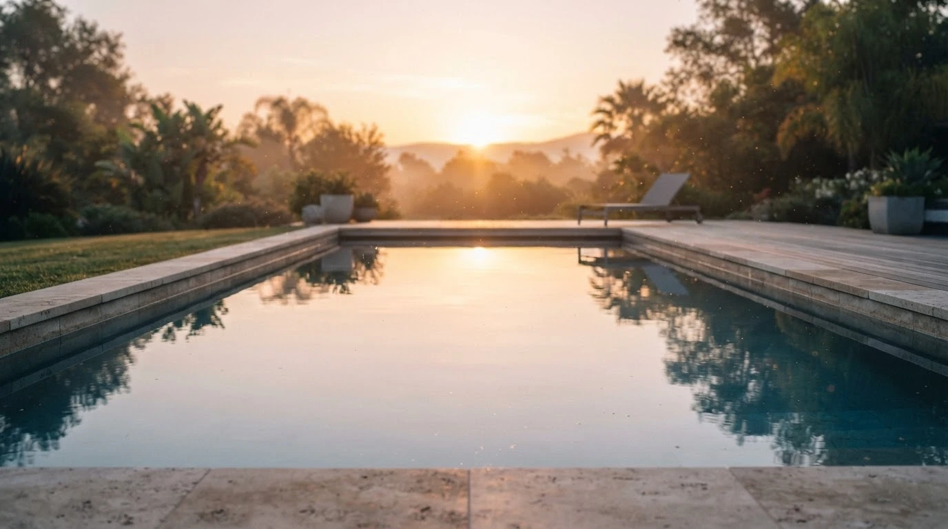 Piscina tranquila ao nascer do sol, com água calma e luz dourada, simbolizando renovação e segurança emocional.