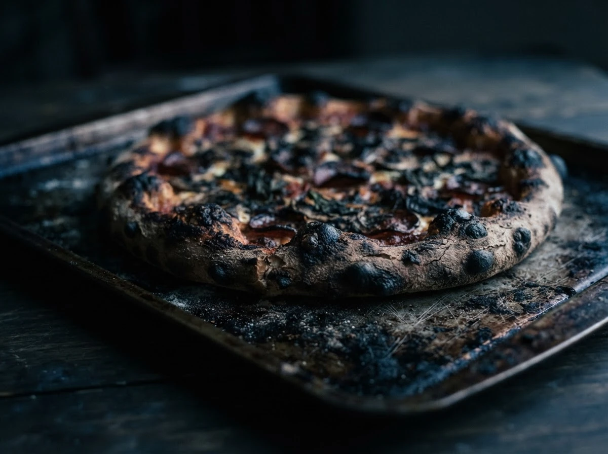 Pizza queimada com bordas escurecidas sob luz sombria, simbolizando alerta de frustrações e decepções.