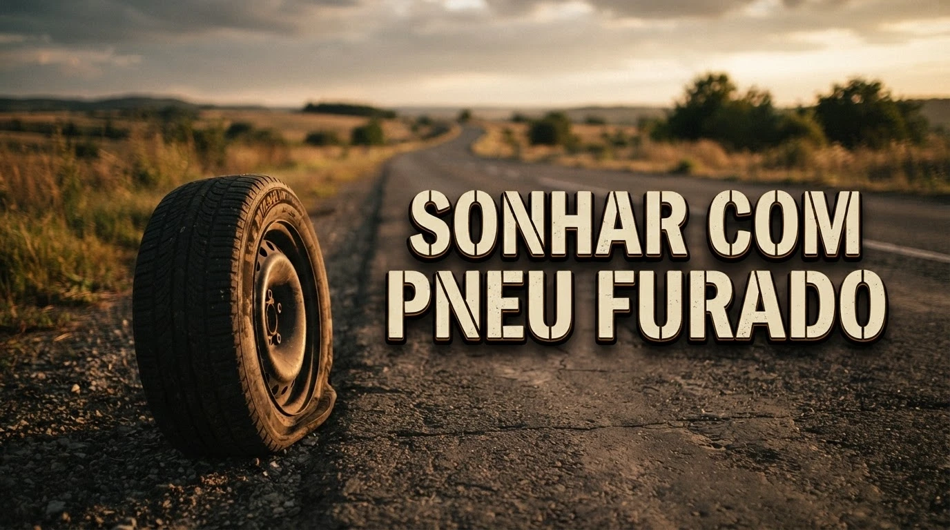Pneu furado de um carro parado na estrada ao entardecer, representando o significado de sonhar com pneu furado.