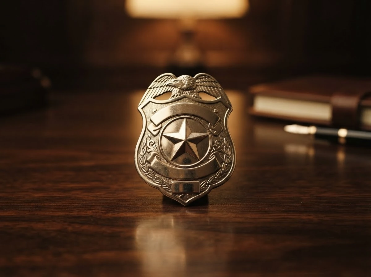Distintivo policial iluminado por luz dourada, simbolizando o desejo de assumir controle e responsabilidade nos sonhos.