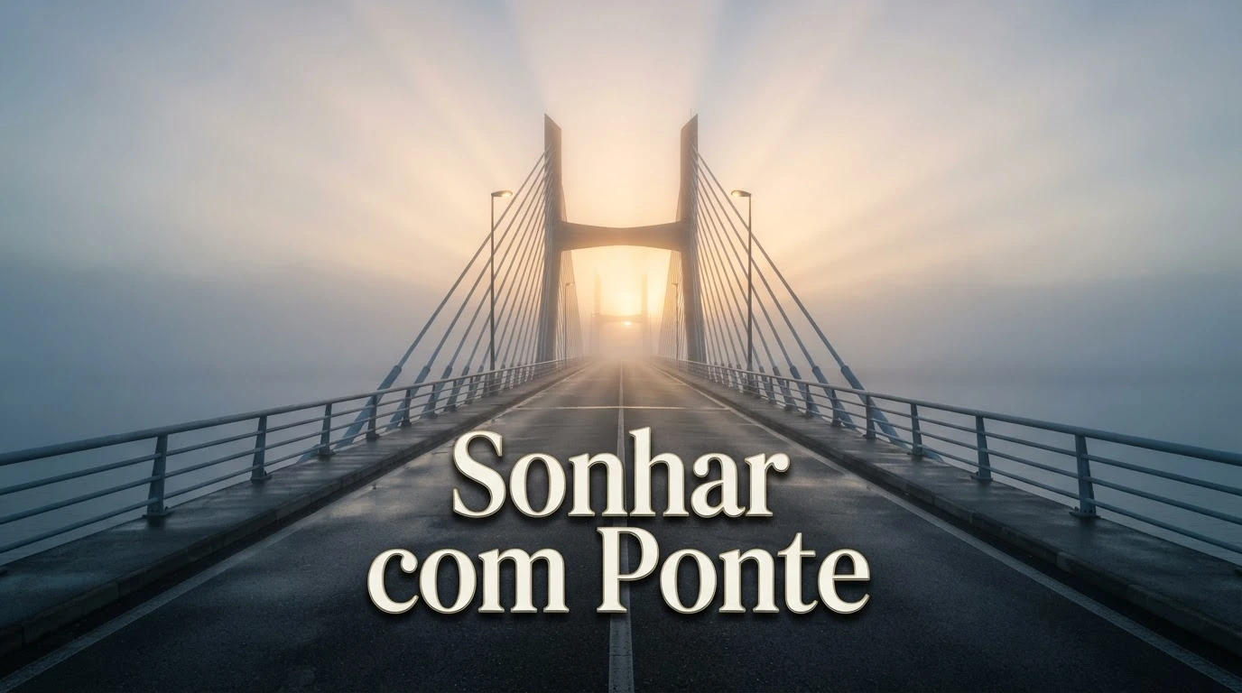 Ponte se estendendo em direção a uma névoa dourada ao amanhecer, representando o significado de sonhar com ponte.