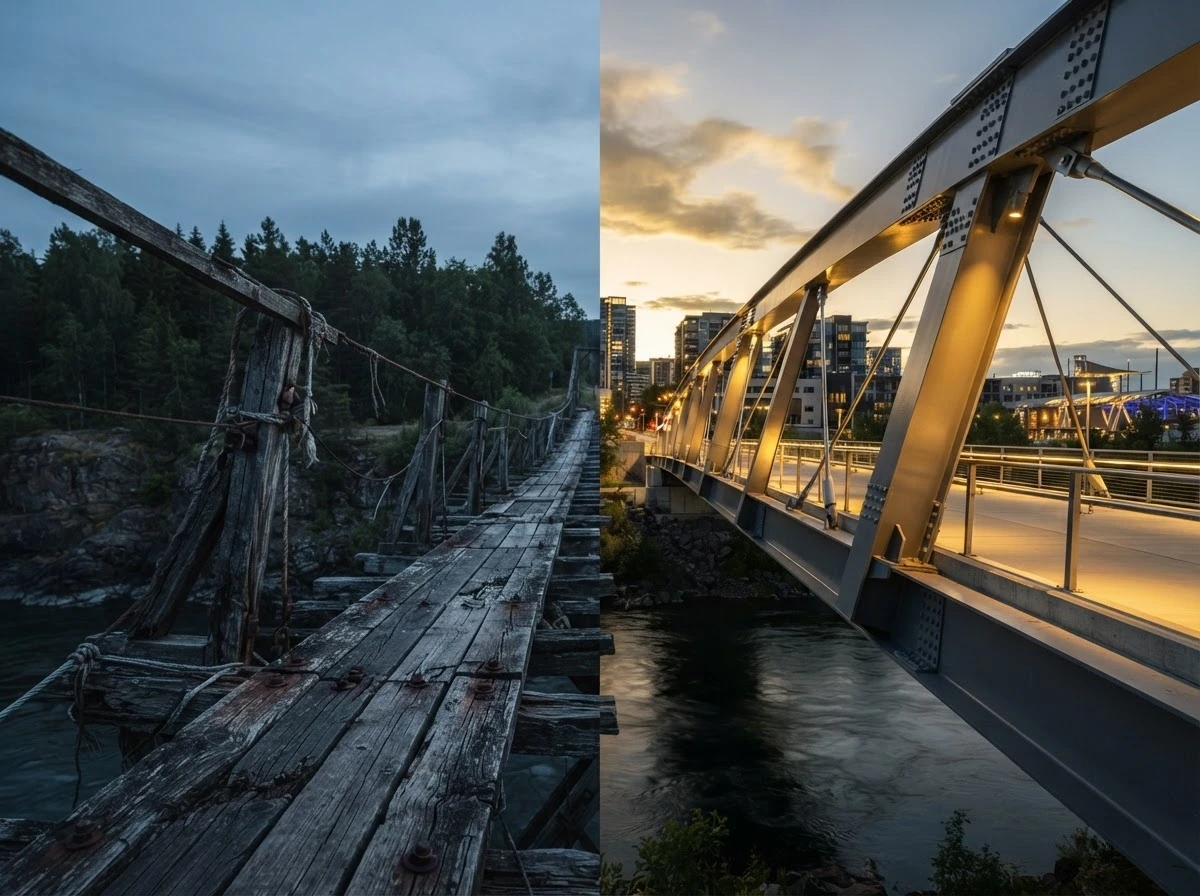 Ponte de madeira desgastada ao lado de uma ponte de concreto firme, simbolizando fragilidade e segurança.