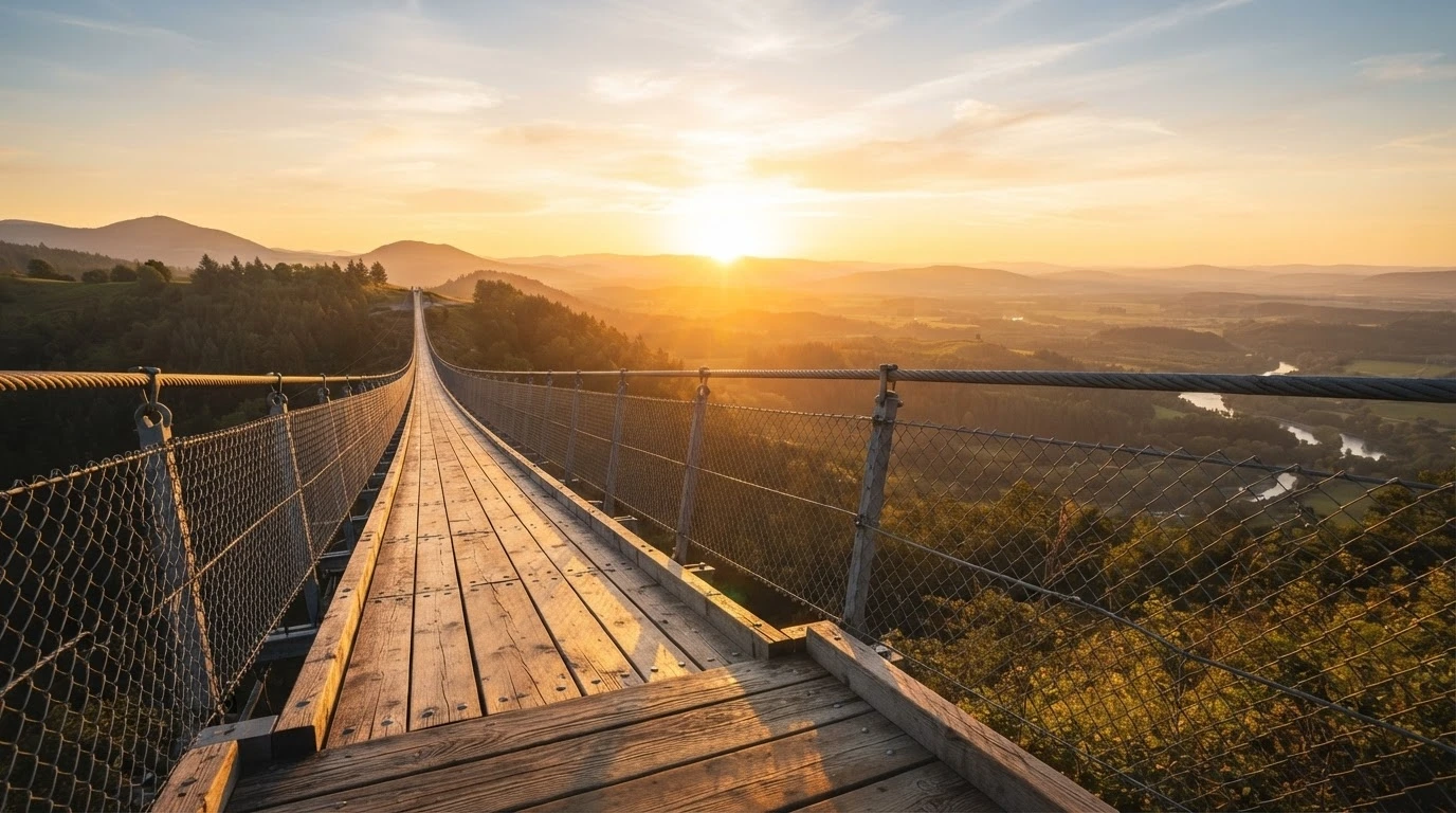 Ponte totalmente atravessada sob luz dourada do nascer do sol, simbolizando superação e uma nova etapa da vida.