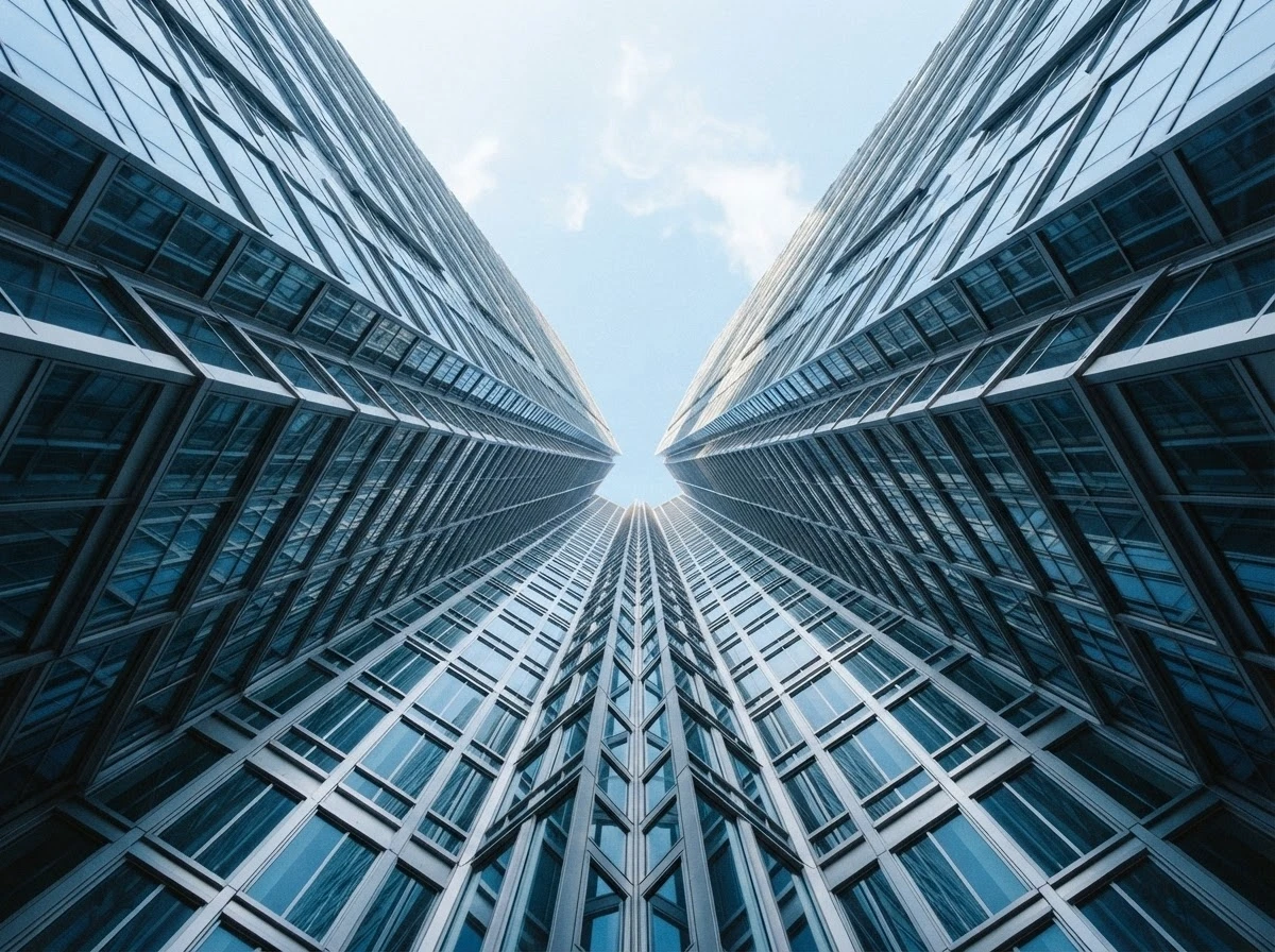Arranha-céu fotografado de baixo para cima representando ambição e metas grandiosas