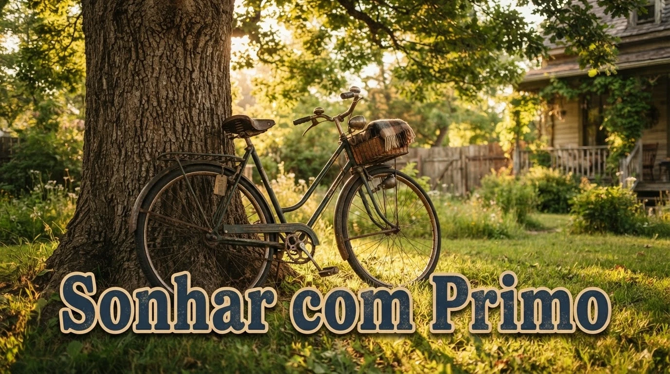 Bicicleta antiga encostada em uma árvore representando memórias de infância entre primos