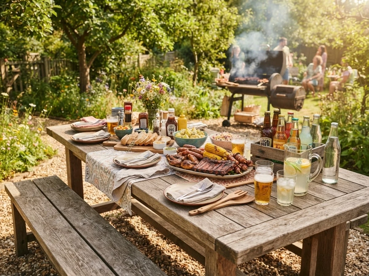 Mesa de churrasco em família ao ar livre representando reuniões e boas notícias com os primos