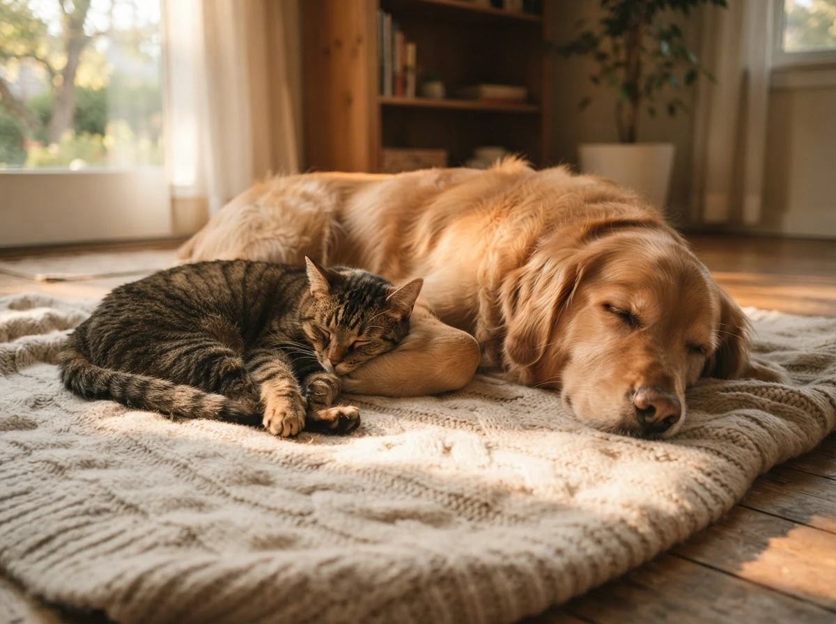 Cachorro e gato descansando juntos representando atenção às pessoas próximas que precisam de ajuda