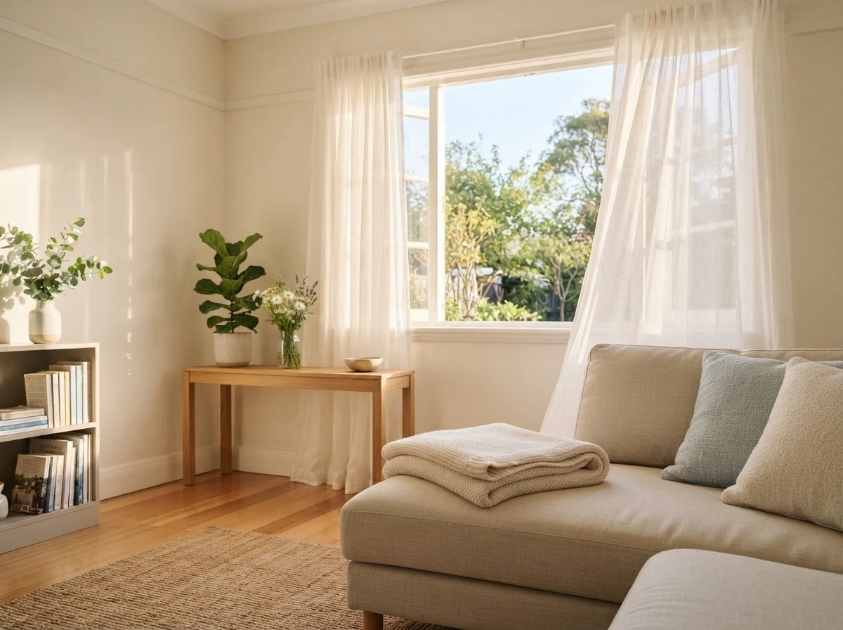 Quarto limpo e iluminado representando alívio e resolução de pequenos problemas acumulados