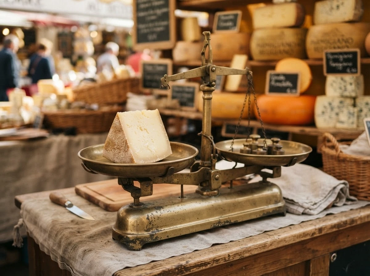 Queijo sendo pesado em uma balança de feira representando compra, venda e prosperidade nos negócios