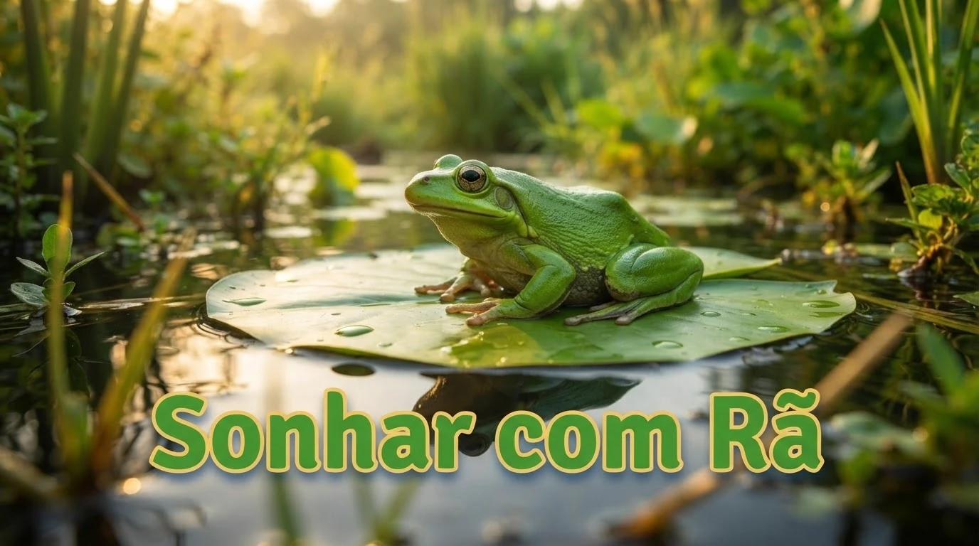 Rã verde sobre folha de vitória-régia representando transformação e vitalidade nos sonhos