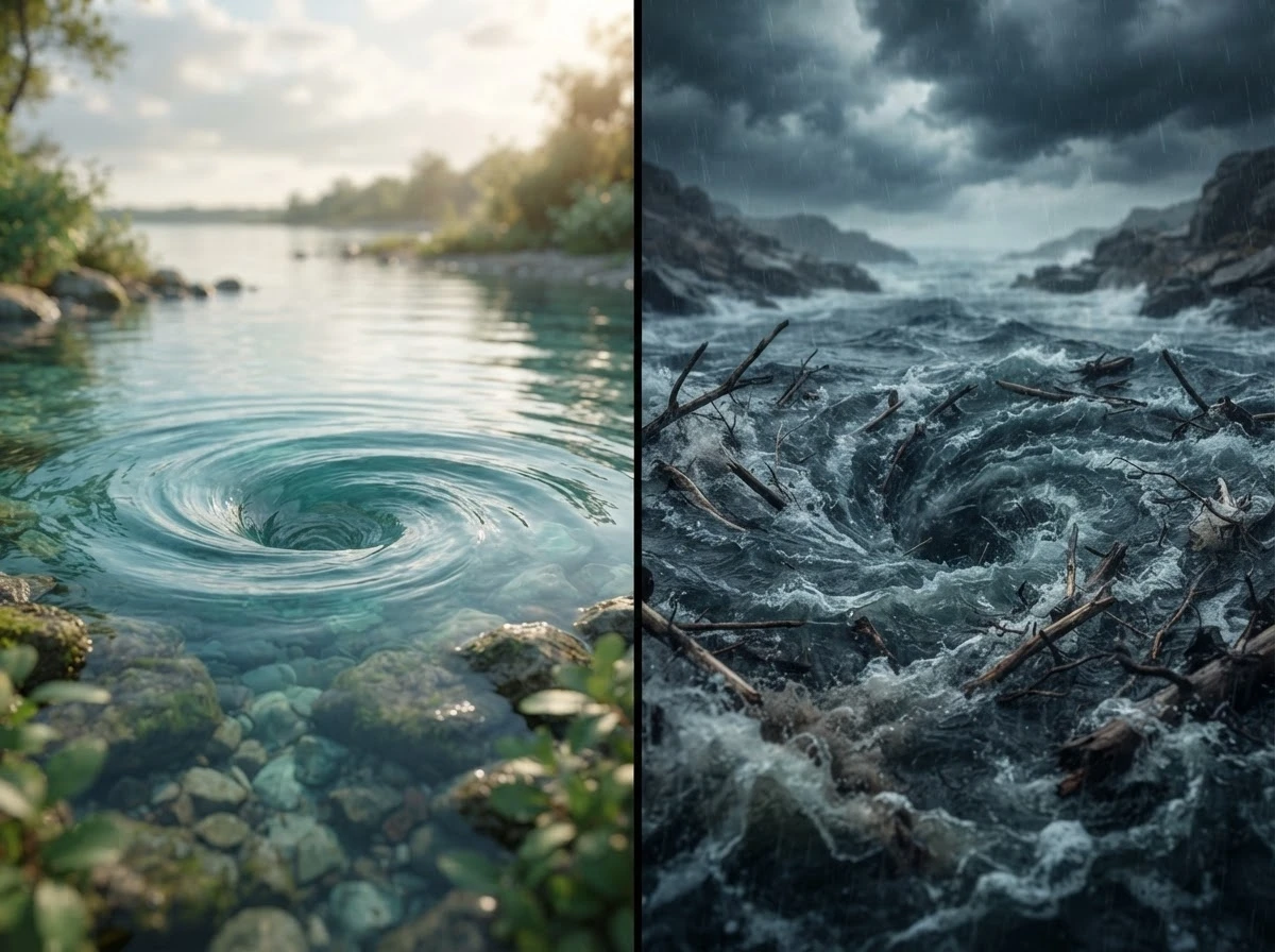 Comparação entre um redemoinho pequeno e calmo e outro grande e destrutivo