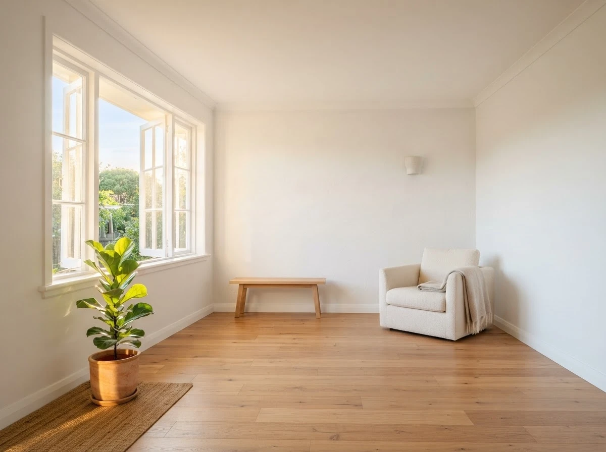 Sala totalmente reformada e iluminada, simbolizando transformação concluída e novo começo