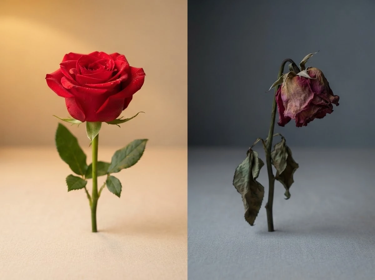 Comparação entre rosa vermelha viçosa e rosa murcha, símbolo de sentimento forte e enfraquecido