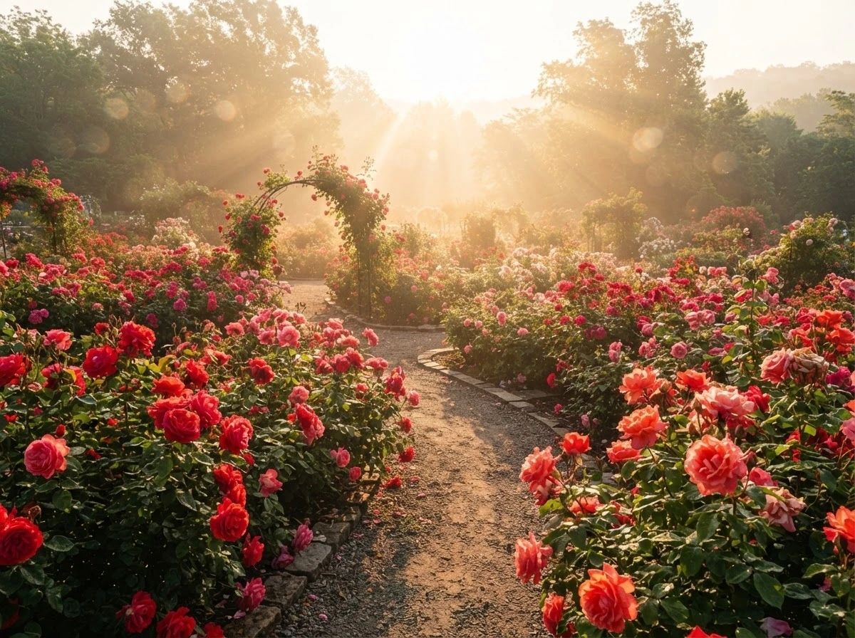 Jardim de rosas floridas ao sol da manhã, símbolo de prosperidade e amor florescendo