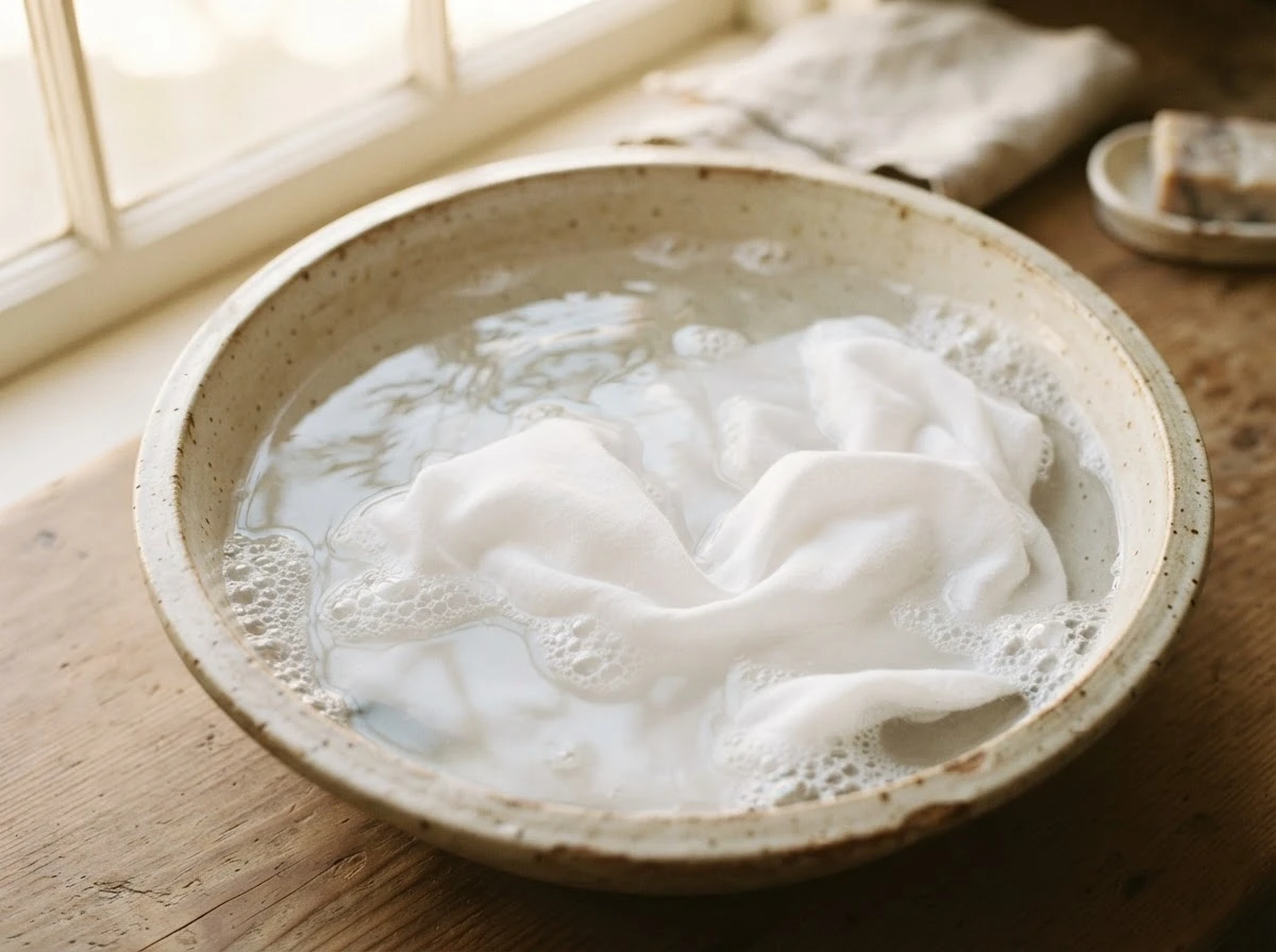 Tecido de molho em bacia com água e sabão, simbolizando purificação emocional