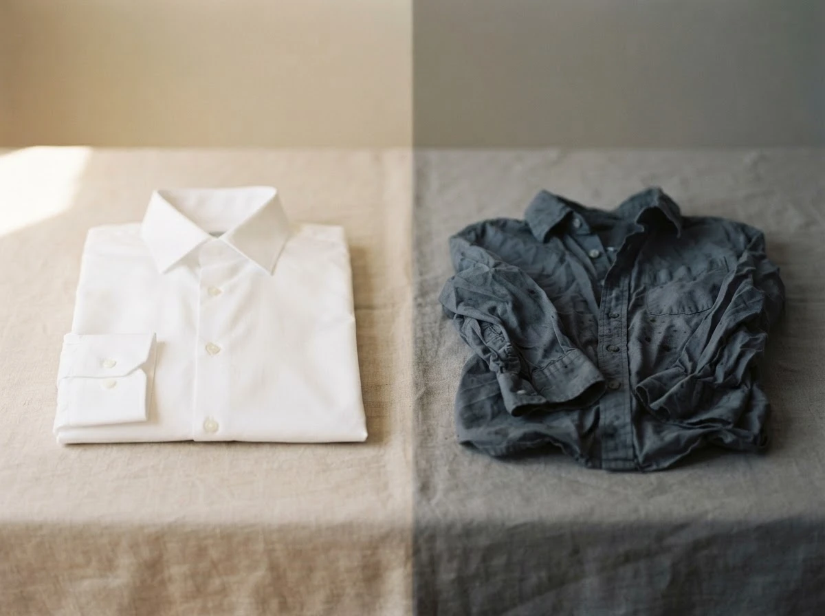 Comparação entre roupa branca impecável e roupa suja amassada, símbolo de paz e emoções reprimidas