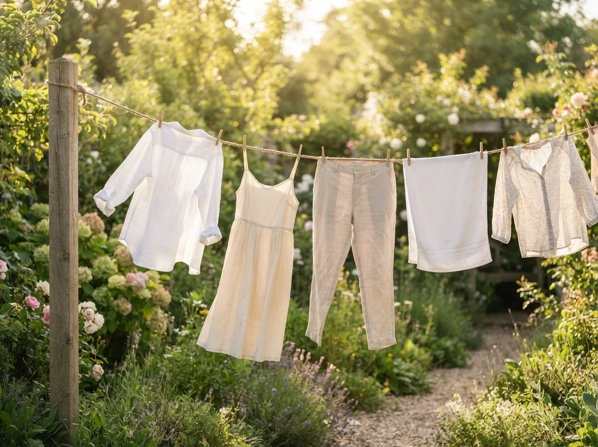 Roupas claras balançando no varal sob sol dourado, simbolizando renovação e novo começo