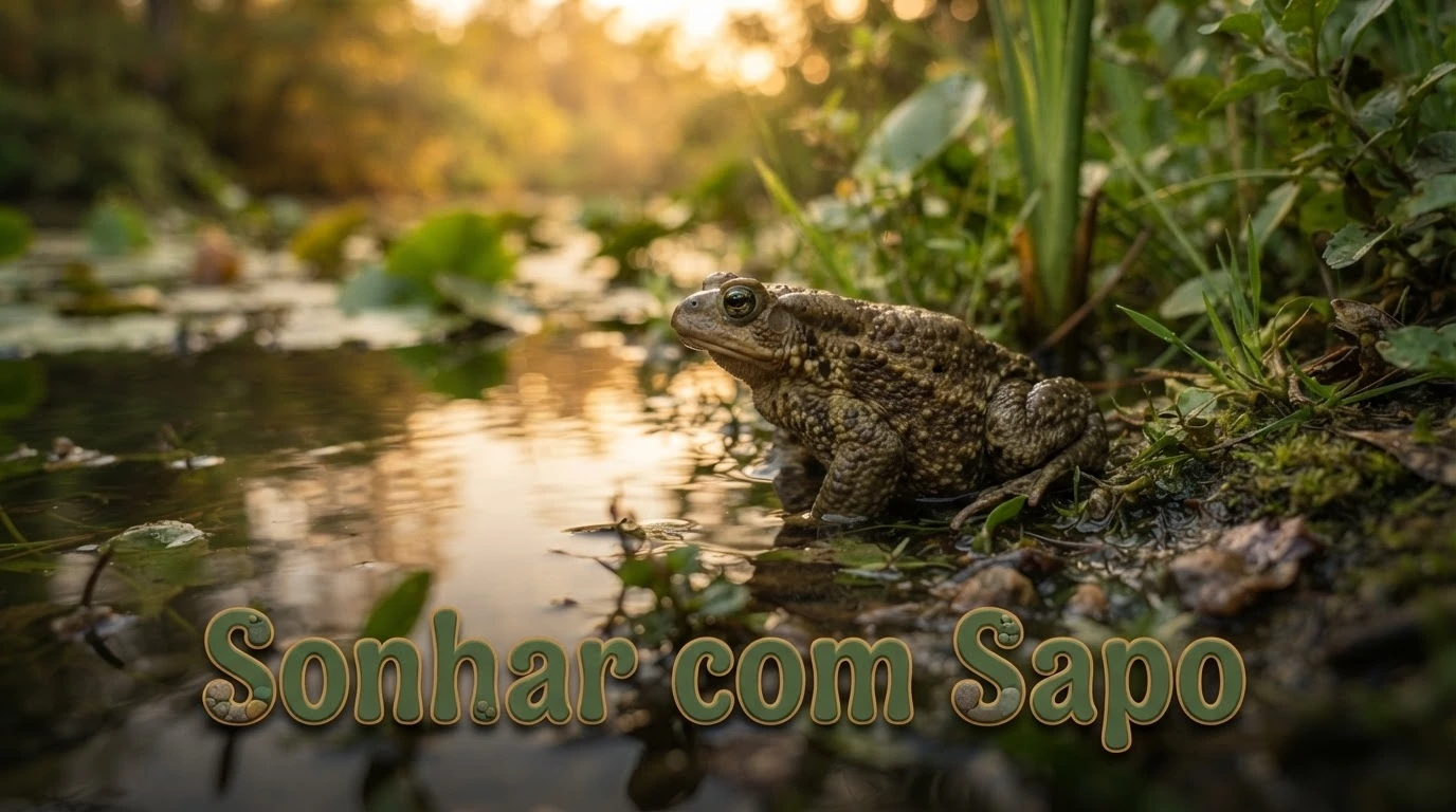 Sapo na margem entre água e terra ao pôr do sol, simbolizando transformação e dualidade
