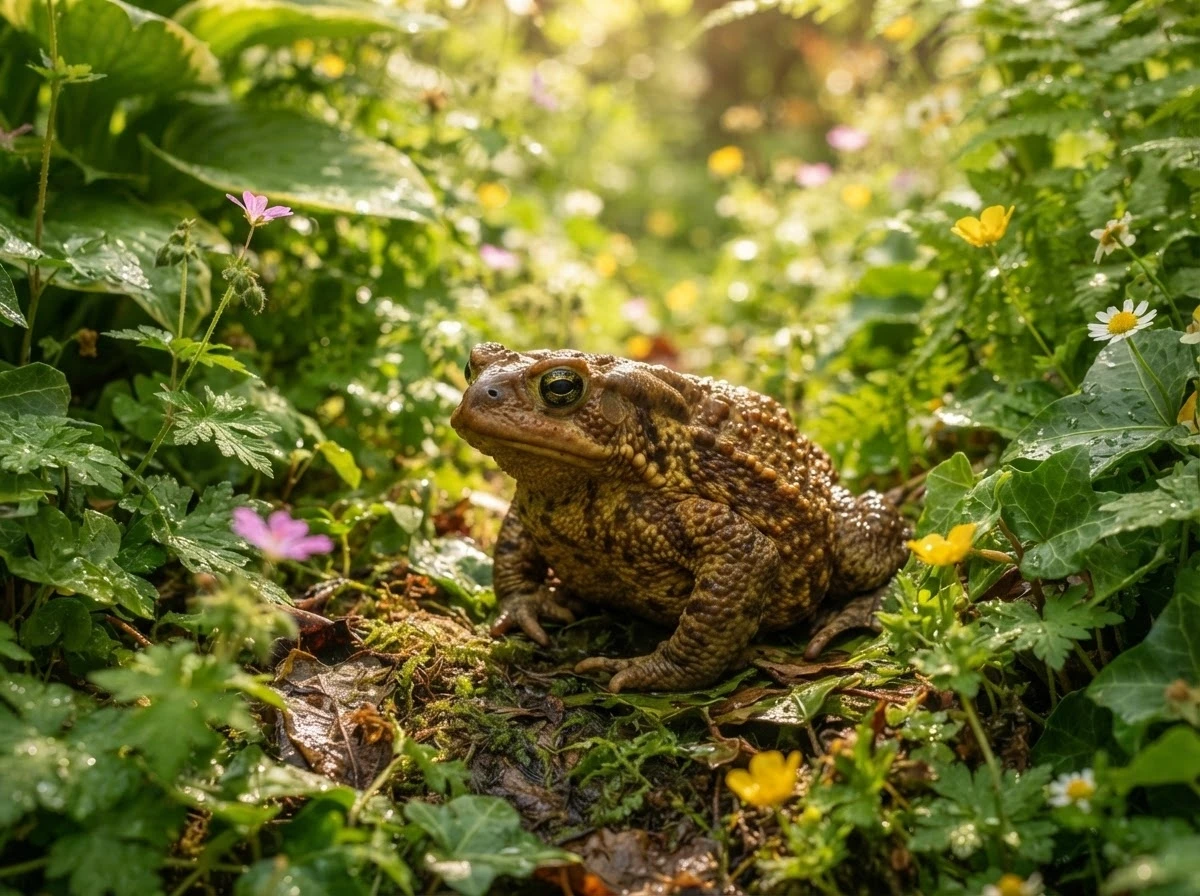 Sapo grande e gordo entre folhagem verde, simbolizando fartura e prosperidade financeira