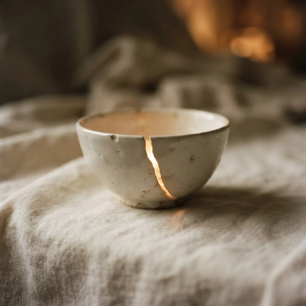 Tigela de porcelana rachada com luz dourada, simbolizando o medo de perder algo importante