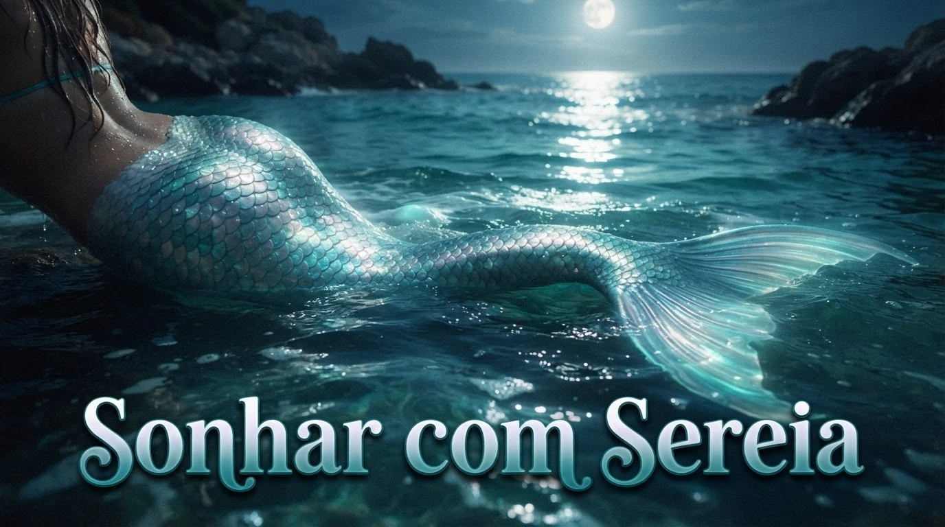 Cauda de sereia brilhando em águas escuras iluminadas pela lua, ilustrando sonhar com sereia