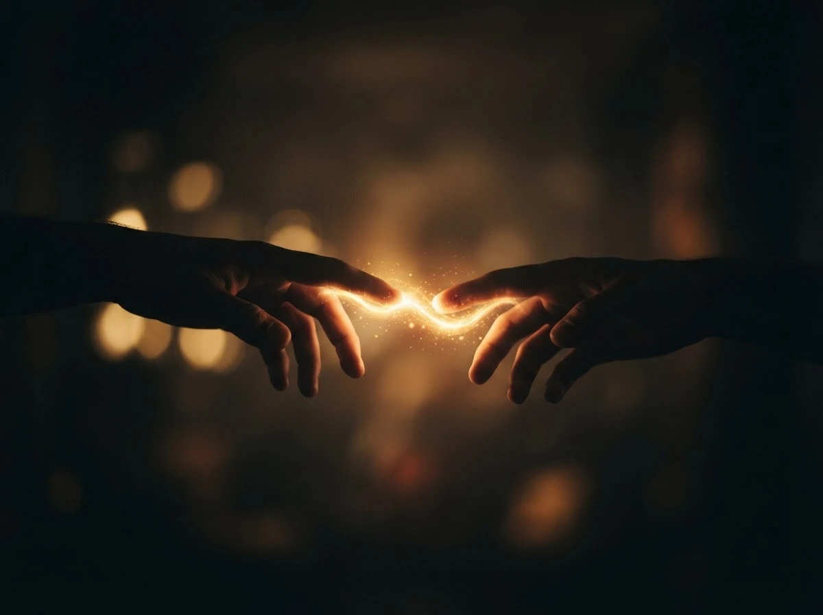 Duas mãos quase se tocando com luz dourada entre os dedos, simbolizando conexão emocional