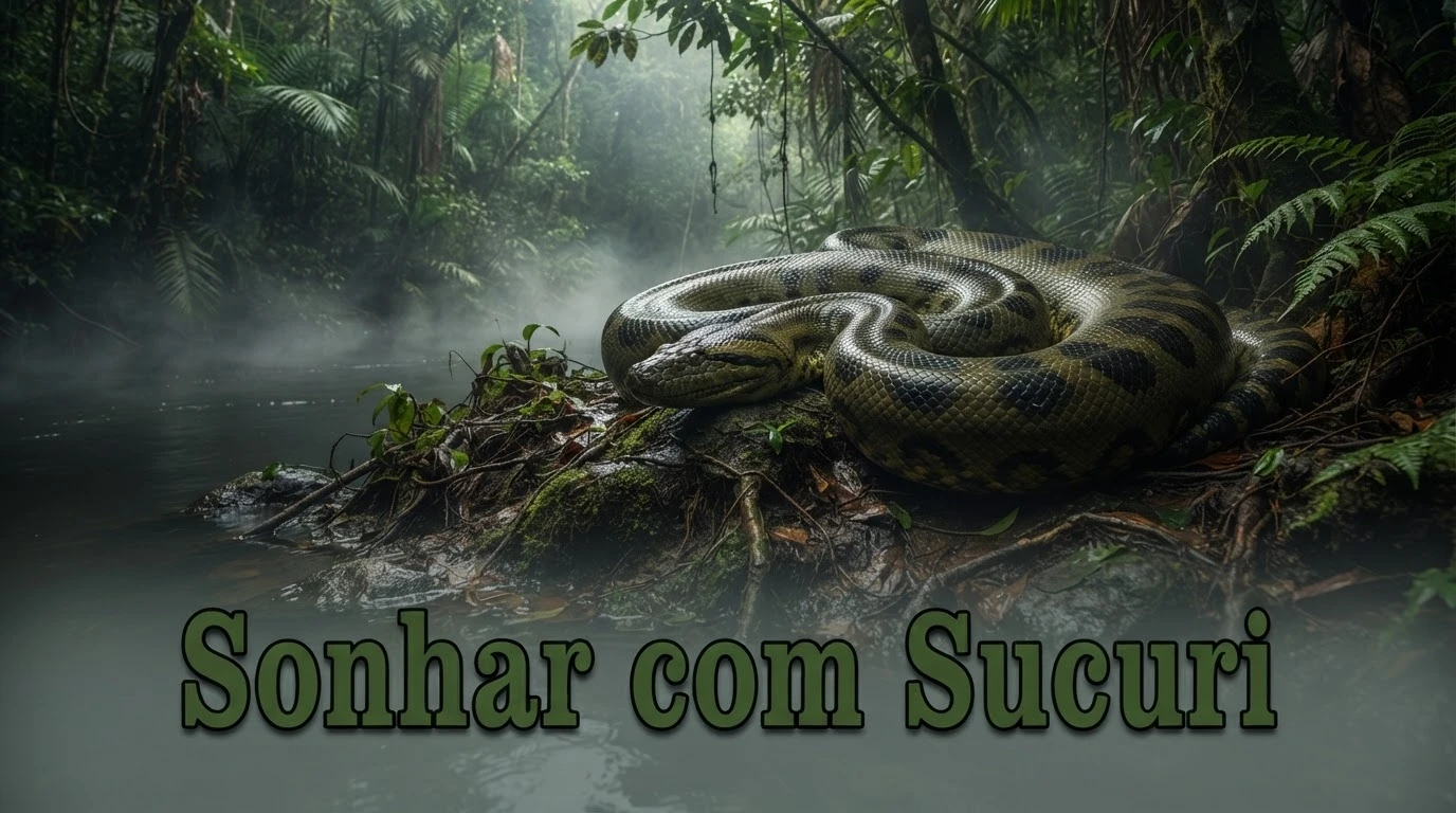Sucuri enrolada às margens de um rio na Amazônia, ilustrando o significado de sonhar com sucuri