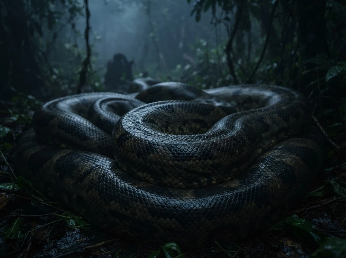 Corpo de sucuri enorme enrolado na floresta, simbolizando o significado de sonhar com sucuri gigante
