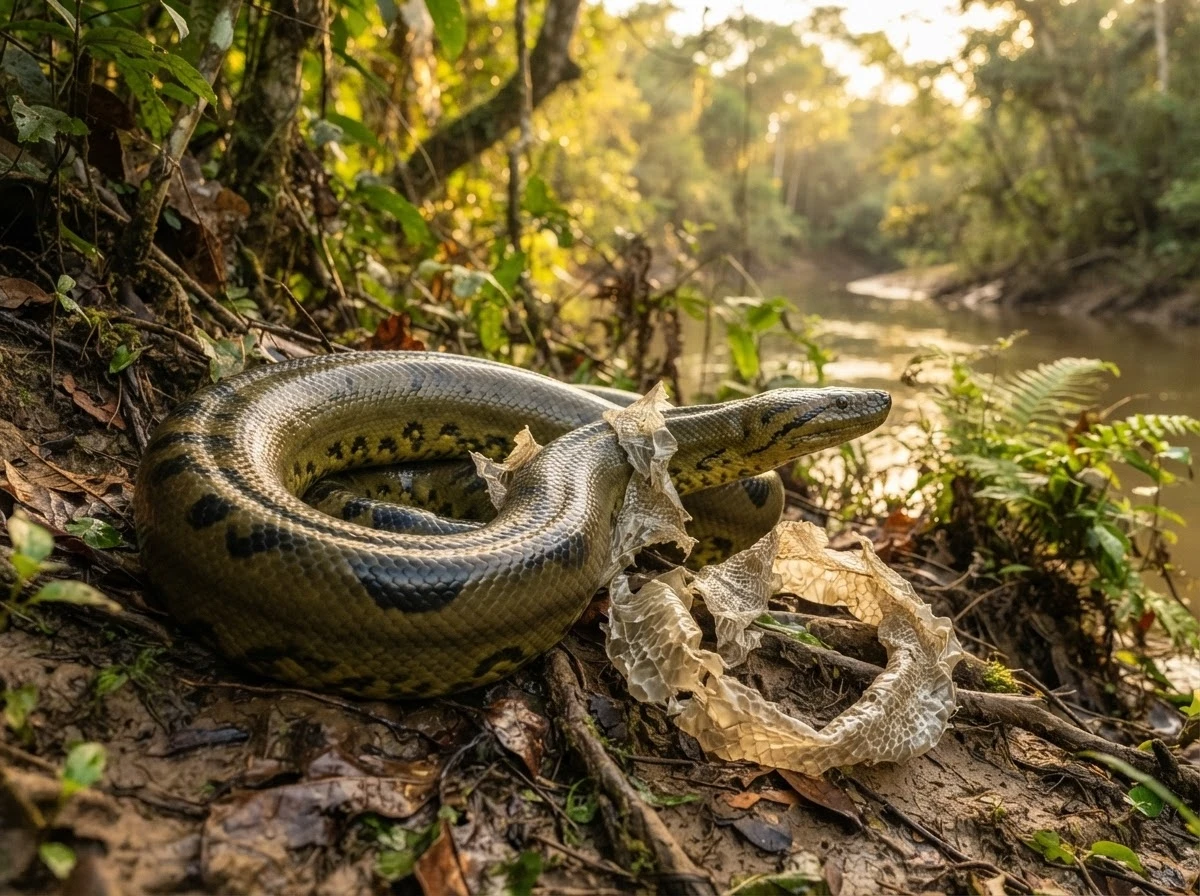 Cobra trocando de pele sob luz dourada, simbolizando libertação e transformação após o sonho