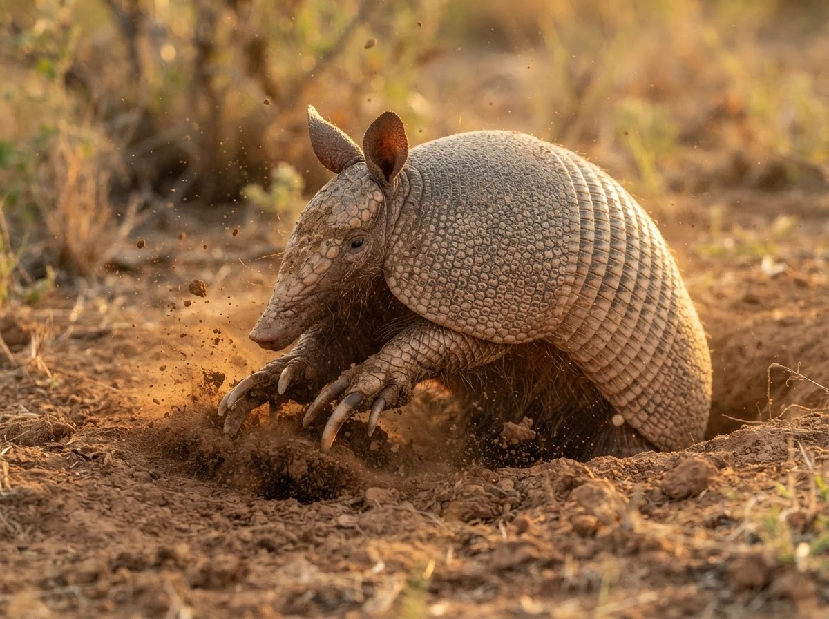 Tatu cavando um buraco na terra representando proteção e isolamento diante de dificuldades