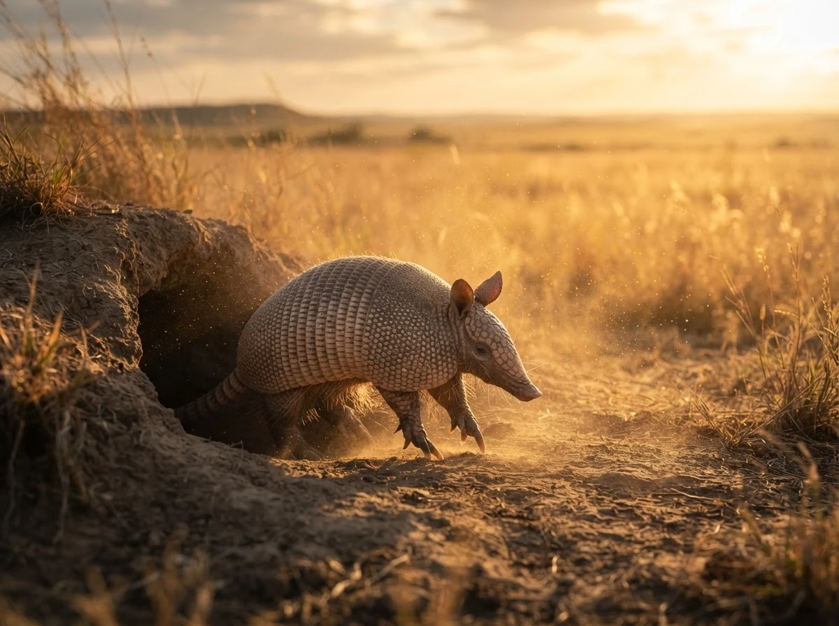 Tatu saindo da toca ao amanhecer simbolizando coragem para superar obstáculos após o sonho