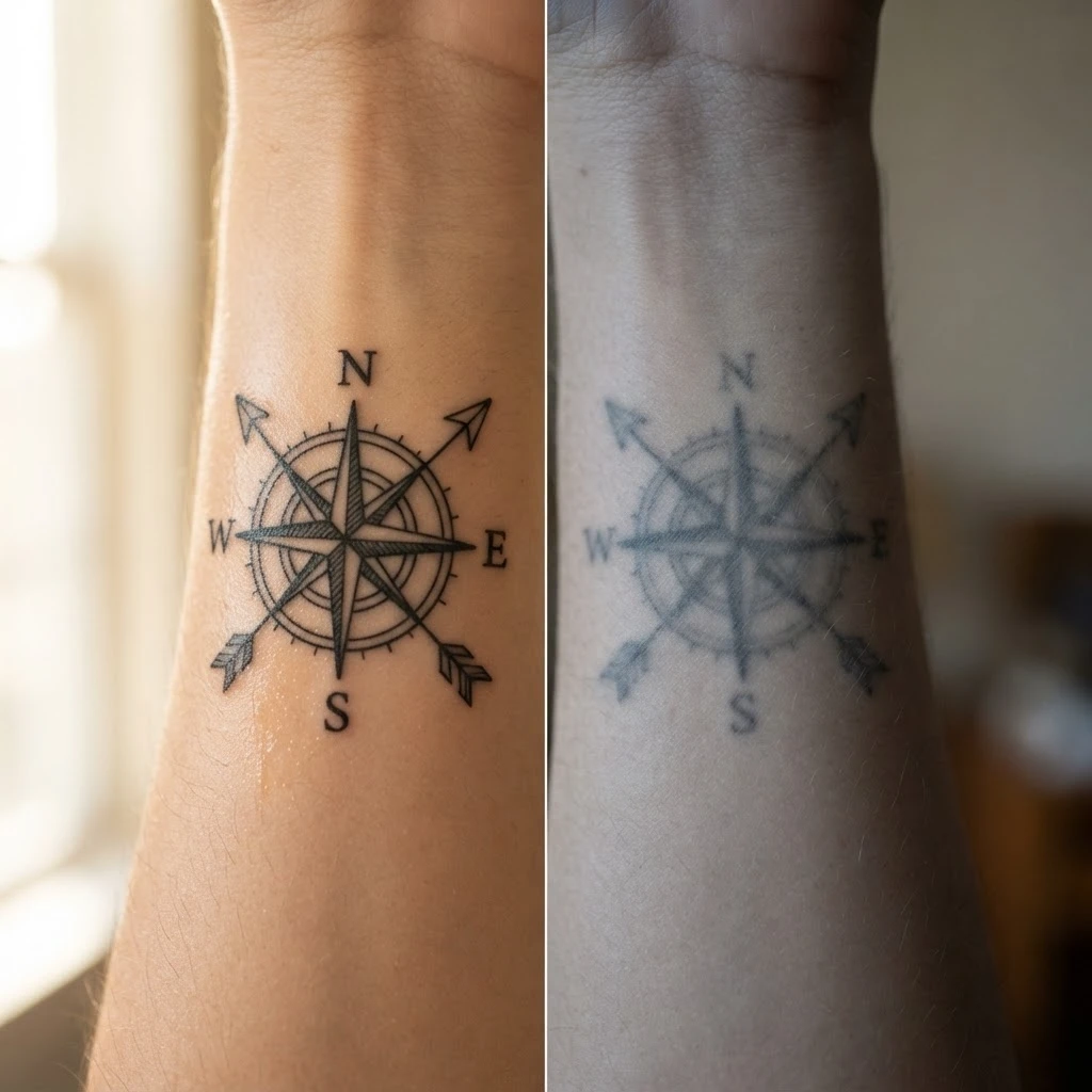 Tatuagem nítida ao lado de tatuagem desbotada representando o contraste entre permanência e libertação