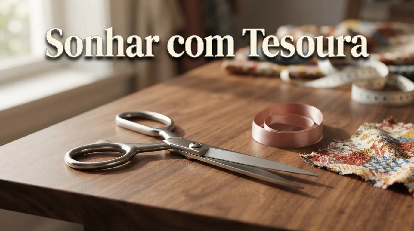 Tesoura sobre tecido cortado simbolizando o significado de sonhar com tesoura