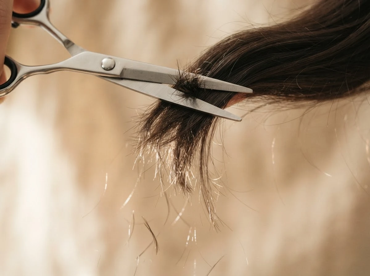 Tesoura cortando mecha de cabelo simbolizando transformação pessoal no sonho